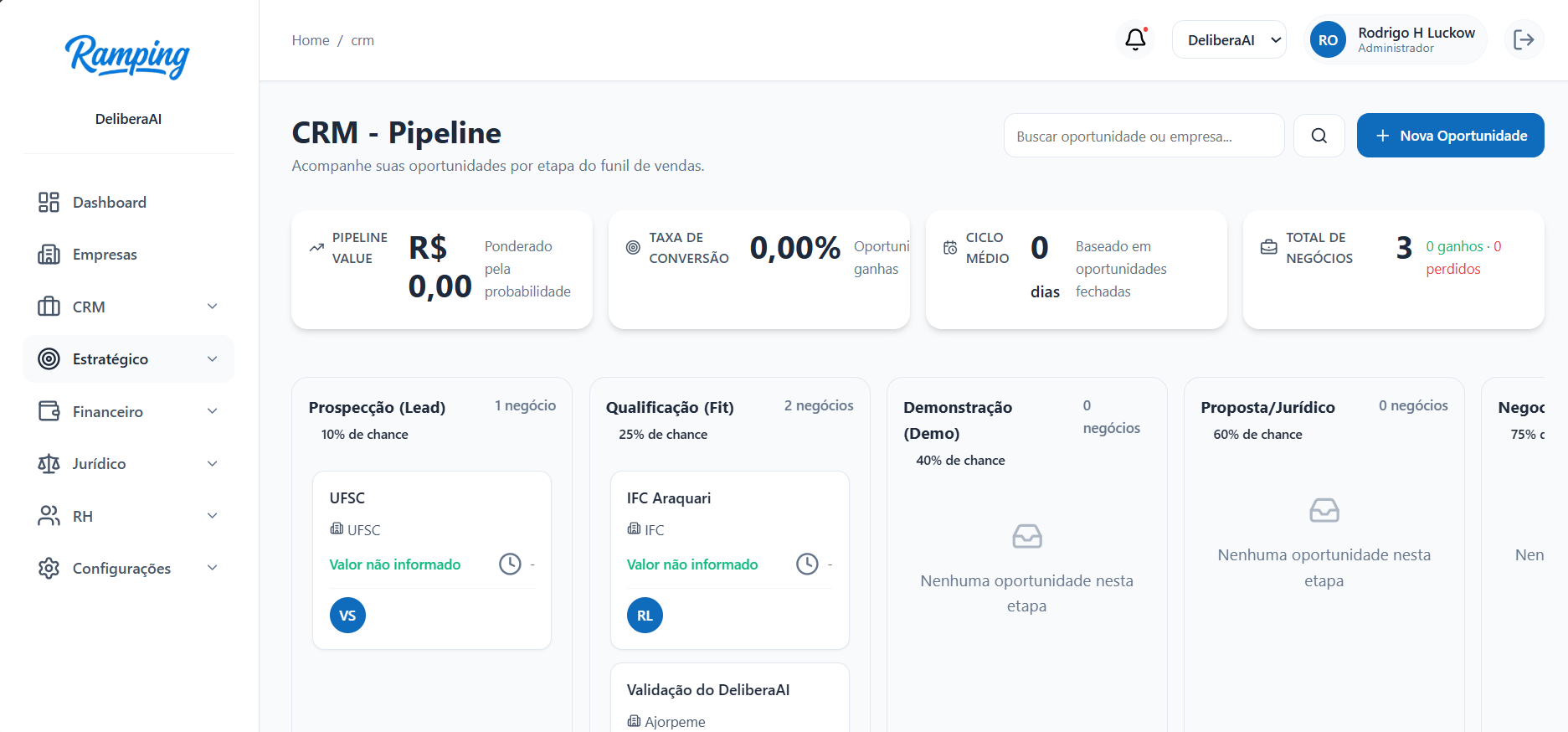 Pipeline CRM do Ramping em formato kanban