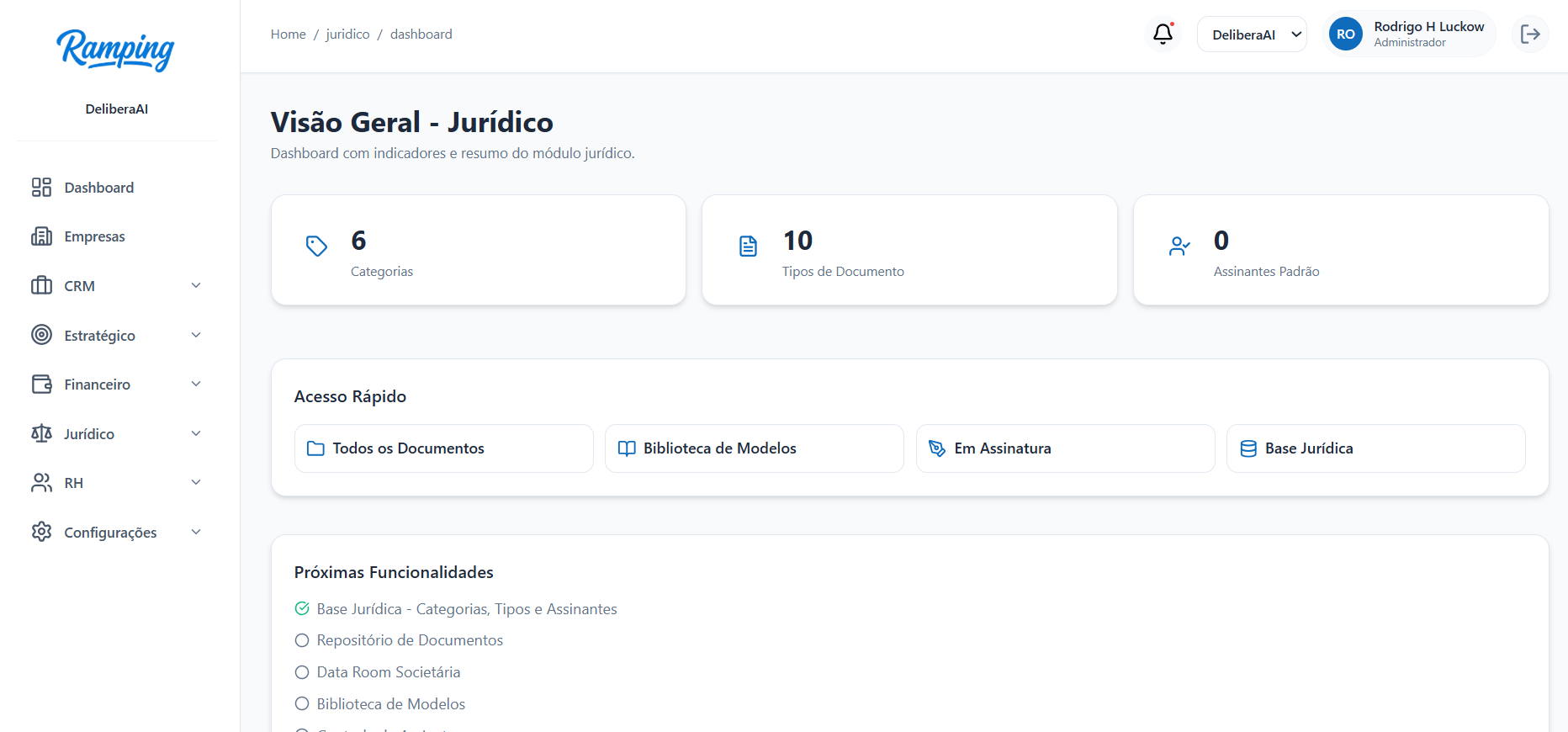Dashboard jurídico do Ramping com visão geral dos documentos